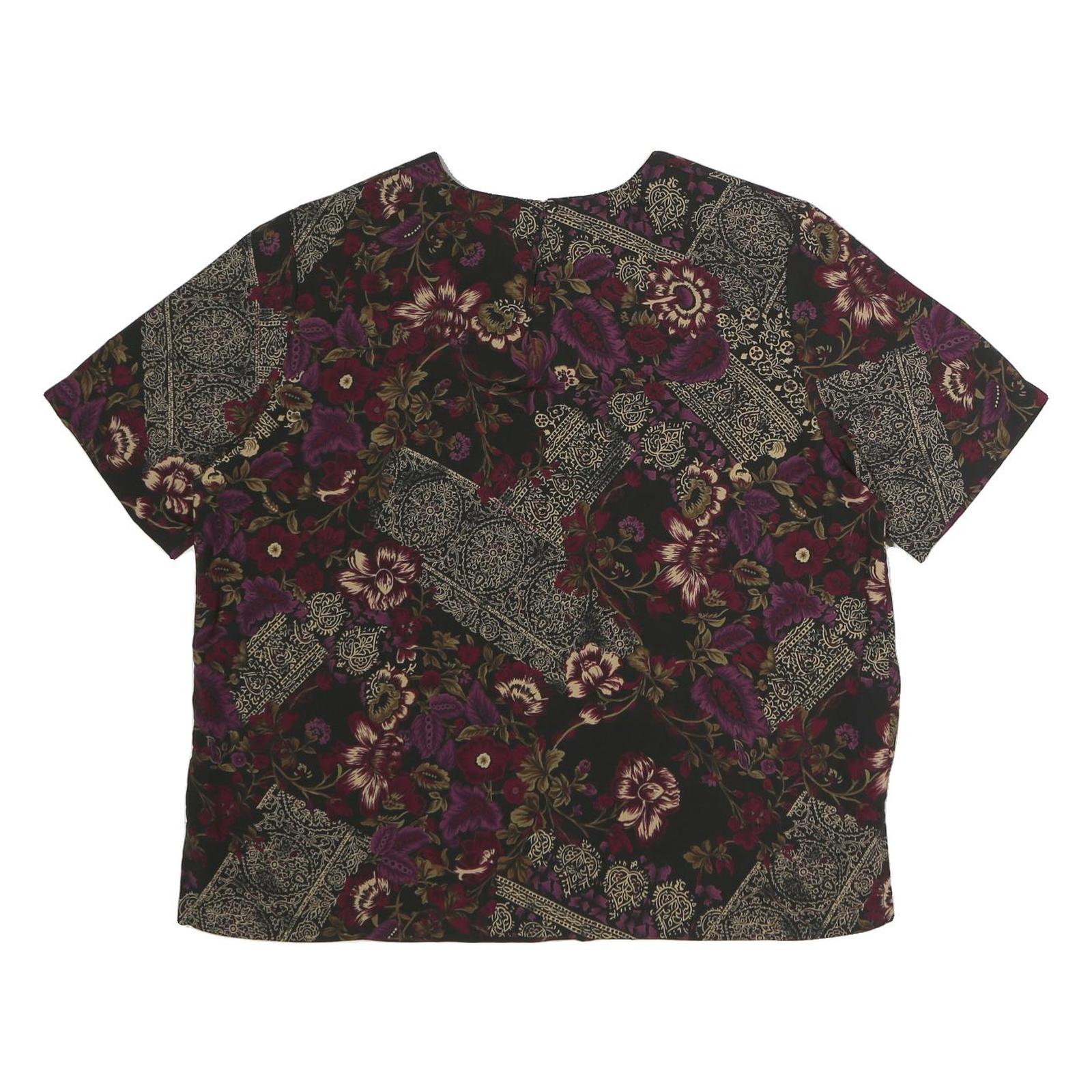 LAURA SCOTT Womens Black Burgundy Floral Printed Short Sleeve Round Neck Top L
