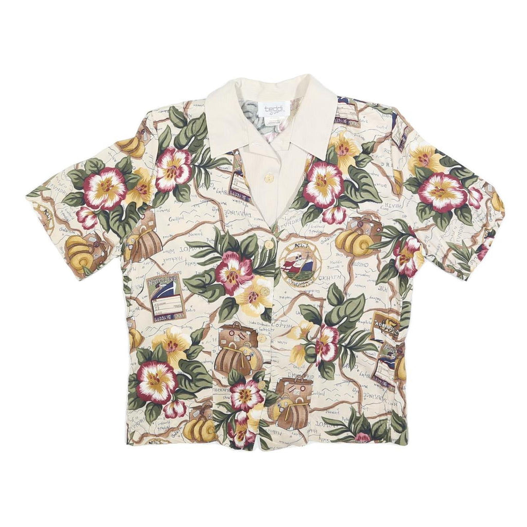 TEDDI Womens Cream Floral Map Print Shirt Short Sleeve Collared M Casual Top