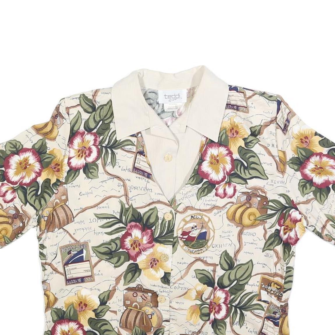 TEDDI Womens Cream Floral Map Print Shirt Short Sleeve Collared M Casual Top