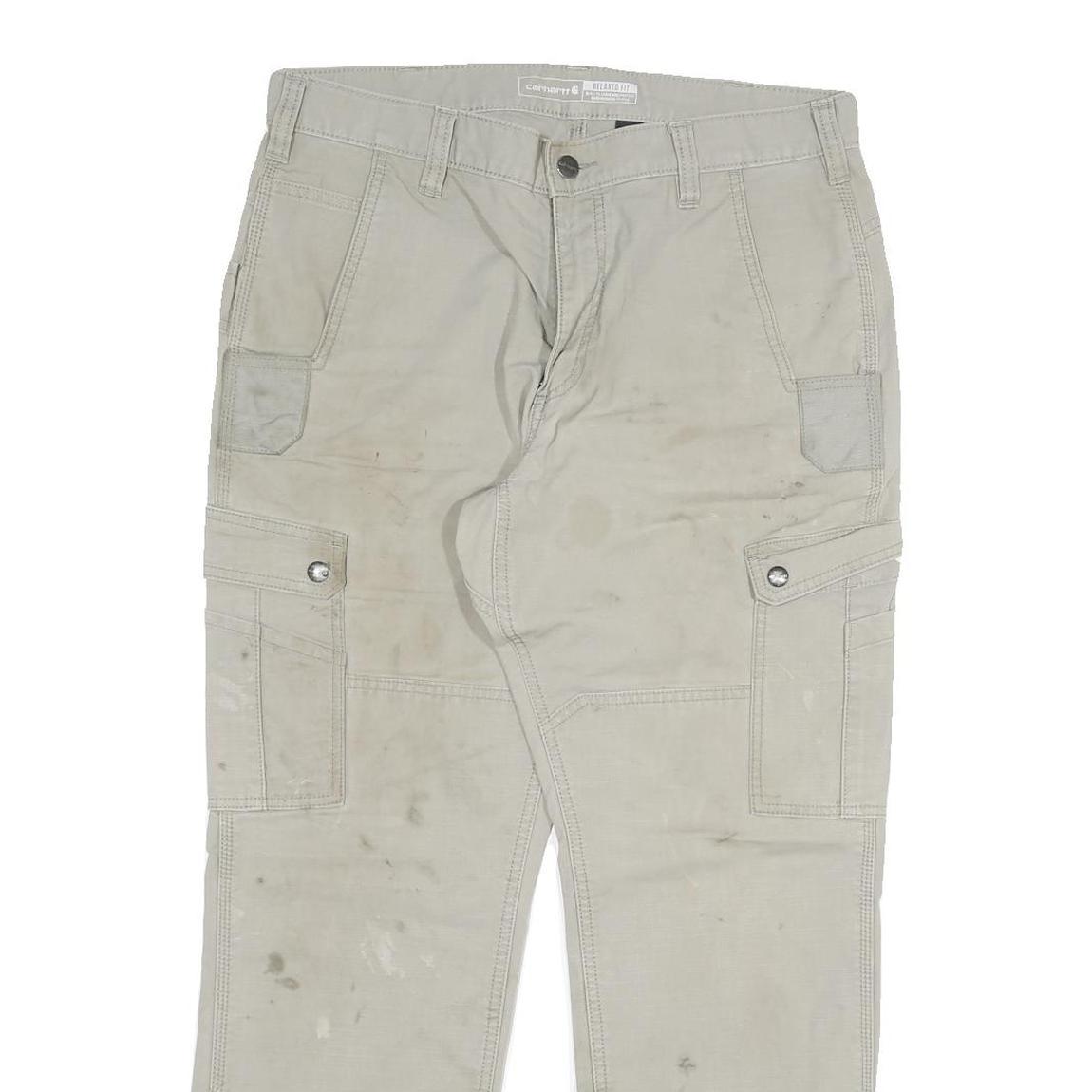 CARHARTT Mens Relaxed Beige Cotton Blend Cargo Trousers W34 L30 Workwear Durable