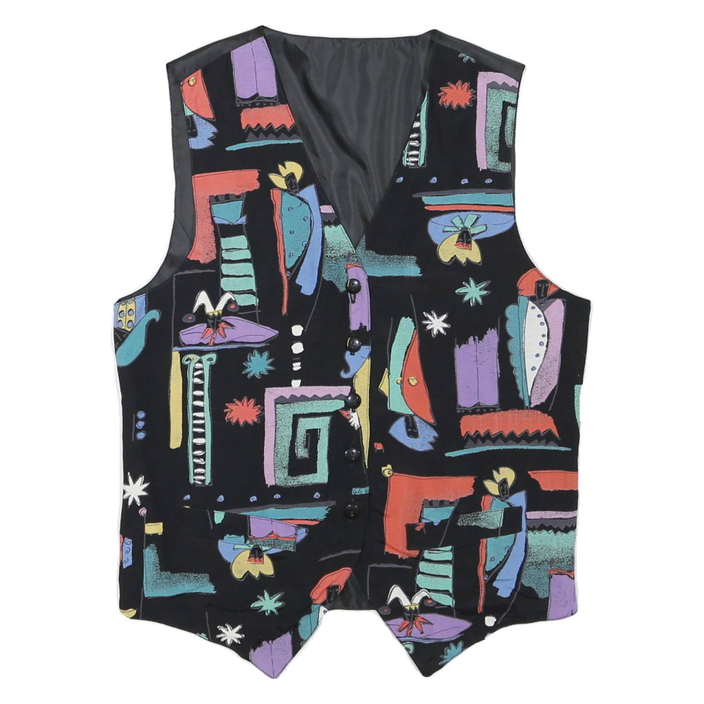 Mens Black Abstract Print Pattern Waistcoat S Polyester Blend Button Closure