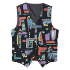 Mens Black Abstract Print Pattern Waistcoat S Polyester Blend Button Closure