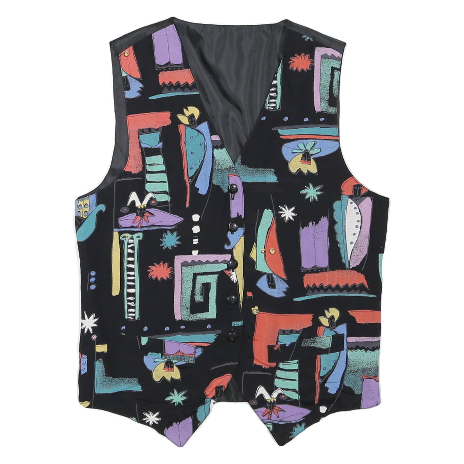 Mens Black Abstract Print Pattern Waistcoat S Polyester Blend Button Closure
