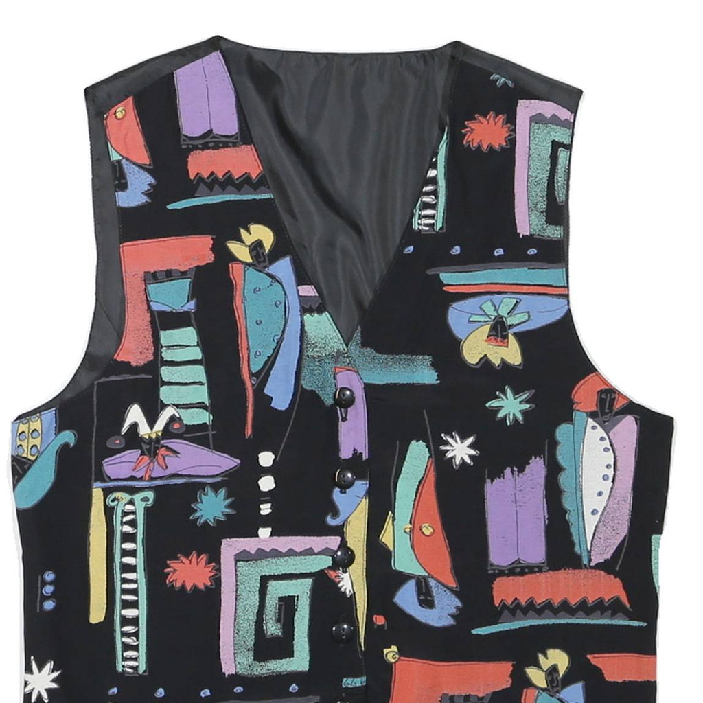Mens Black Abstract Print Pattern Waistcoat S Polyester Blend Button Closure