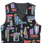 Mens Black Abstract Print Pattern Waistcoat S Polyester Blend Button Closure