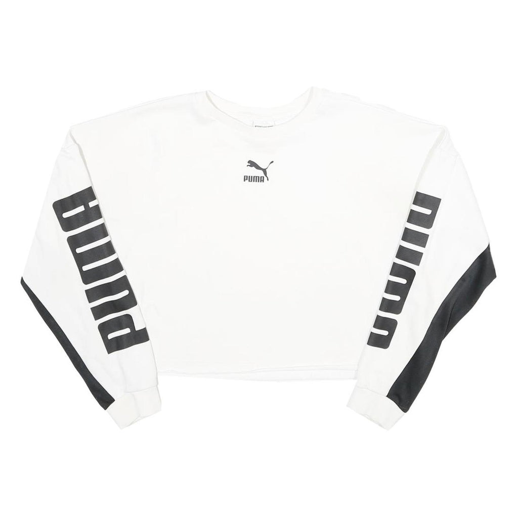 PUMA Womens White & Black Cropped Sweatshirt XS Crew Neck Long Sleeve Sportswear