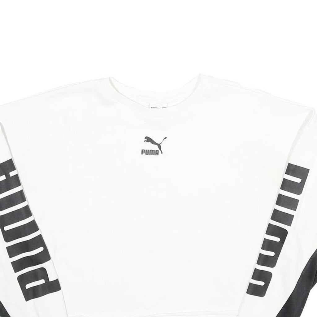 PUMA Womens White & Black Cropped Sweatshirt XS Crew Neck Long Sleeve Sportswear