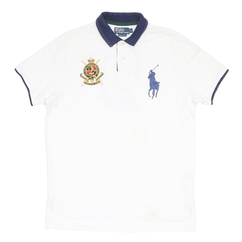 POLO RALPH LAUREN Mens White & Navy Crest Short Sleeve Polo Shirt L Classic Fit