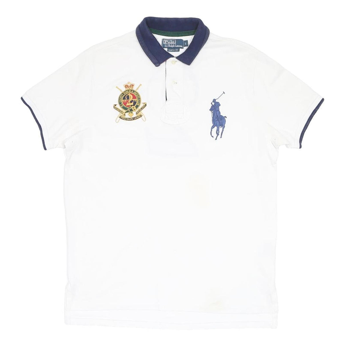 POLO RALPH LAUREN Mens White & Navy Crest Short Sleeve Polo Shirt L Classic Fit
