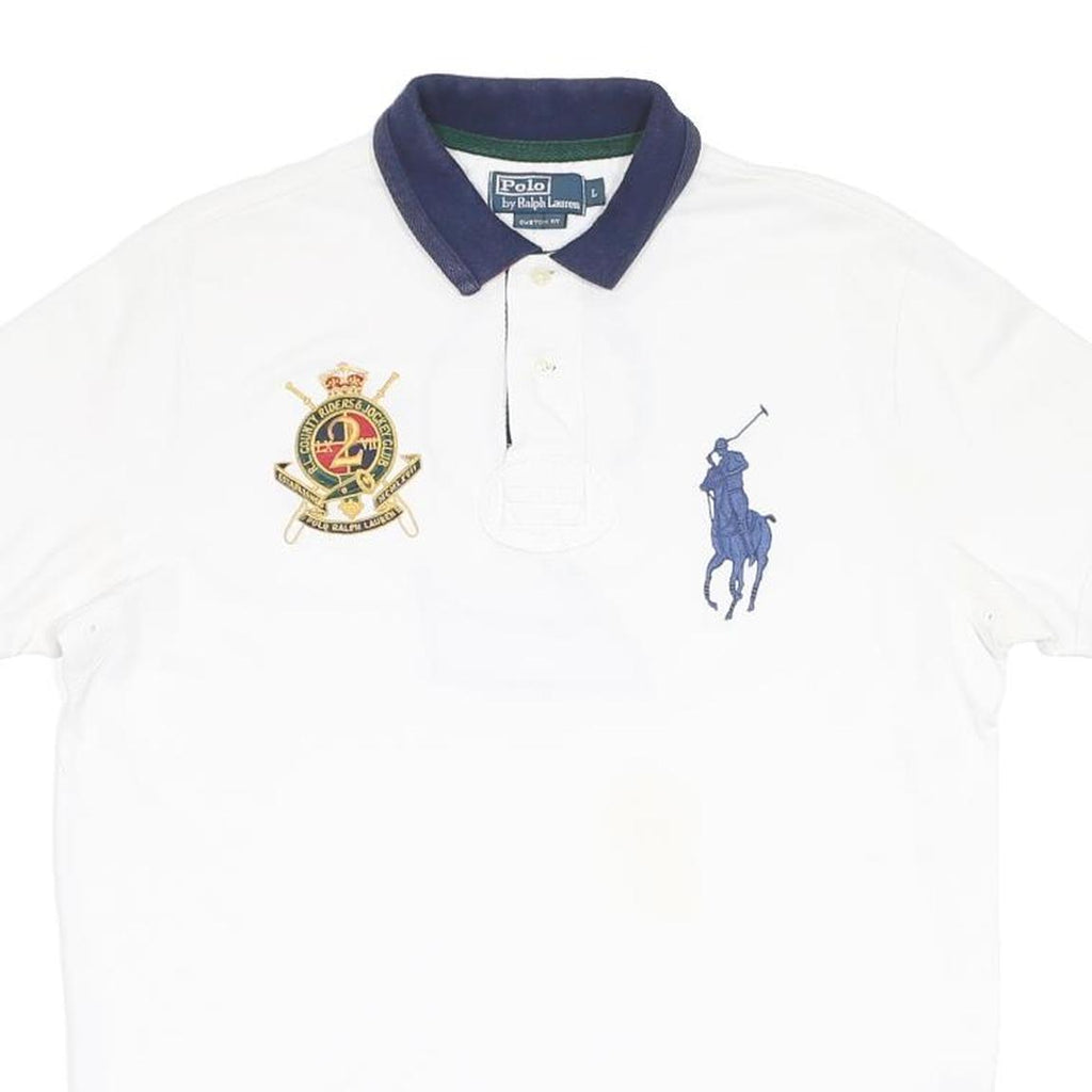POLO RALPH LAUREN Mens White & Navy Crest Short Sleeve Polo Shirt L Classic Fit
