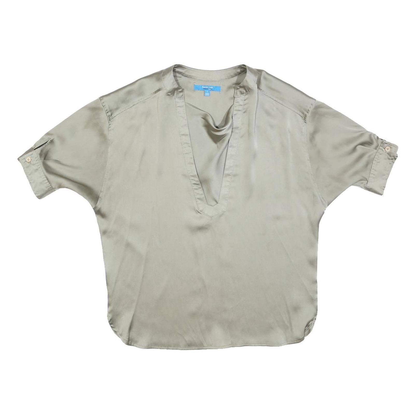 DEREK LAM Womens Beige Silk Blend Basic Top Short Sleeve V-Neck Size S