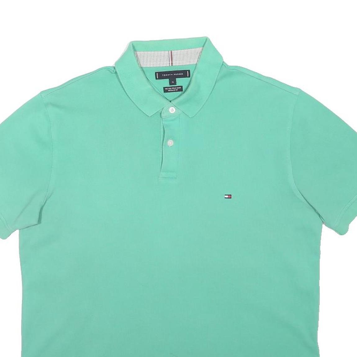 TOMMY HILFIGER Mens Green Polo Shirt XL Cotton Blend Short Sleeve Basic Classic