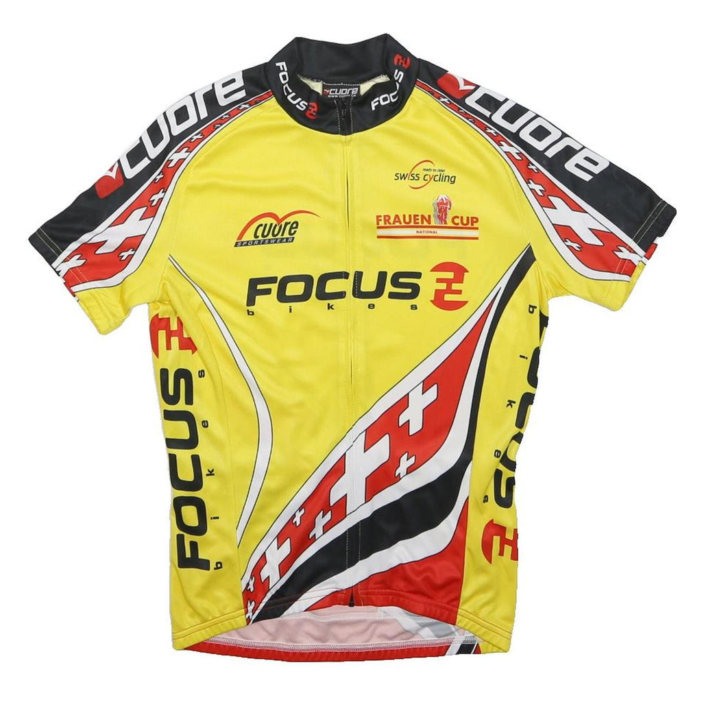 CUORE Womens Yellow Black & Red Cycling T-Shirt S Short Sleeve Zip Neck Front
