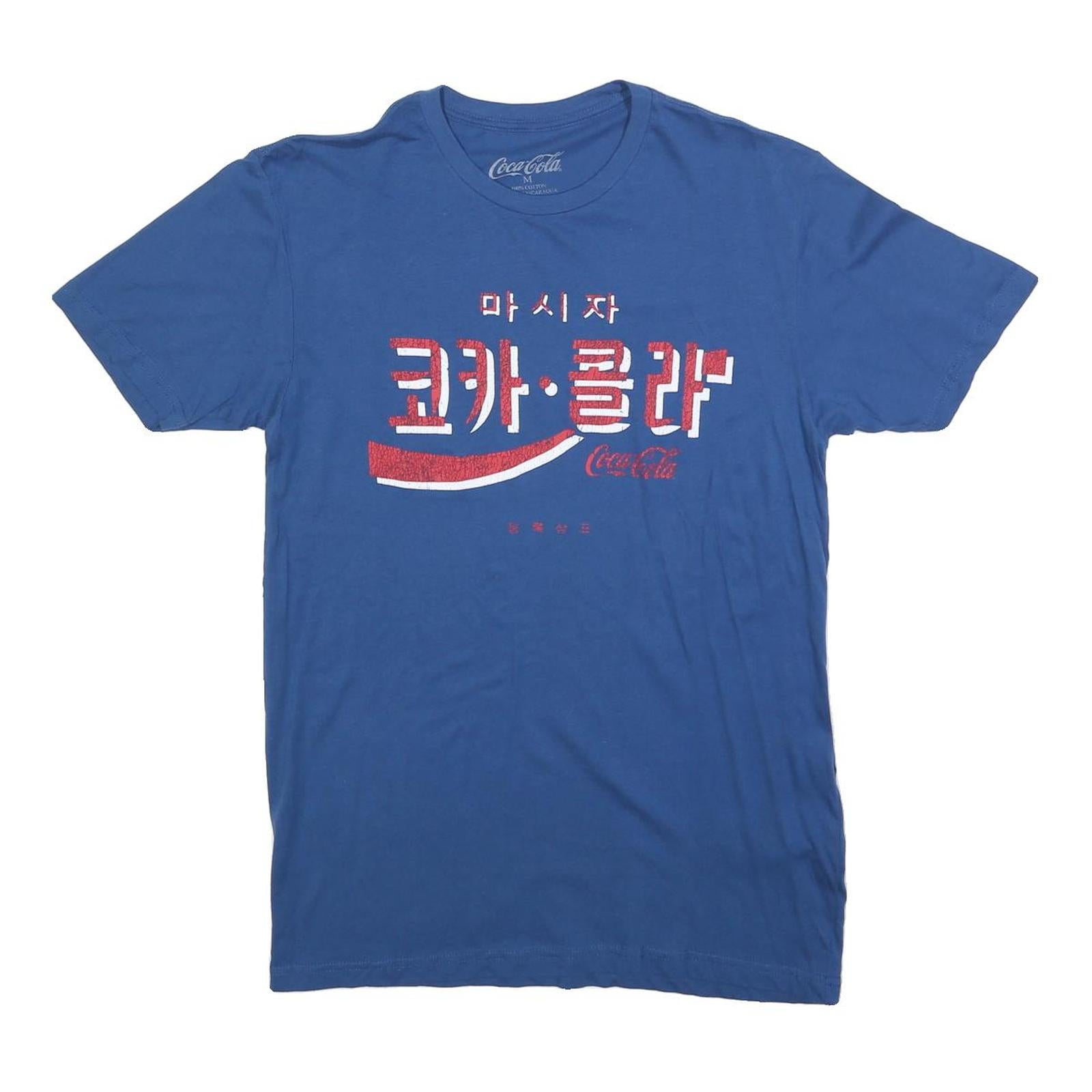 COCA COLA Mens Blue Graphic T-Shirt M Short Sleeve Crew Neck Korean Text Print