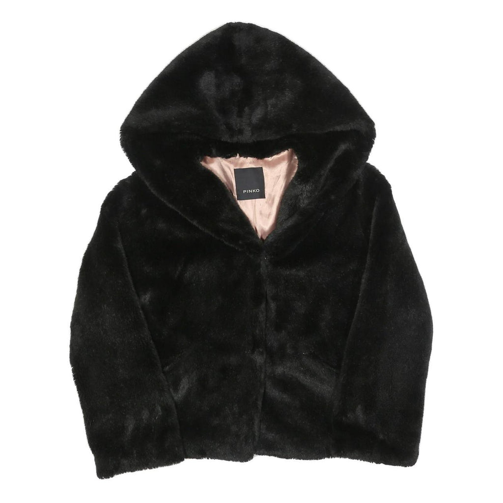 PINKO Womens Black Faux Fur Hoodie Jacket M Polyester Button Closure Soft Touch