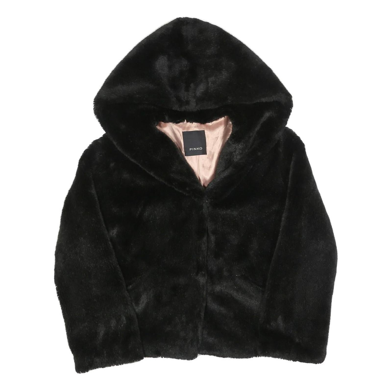 PINKO Womens Black Faux Fur Hoodie Jacket M Polyester Button Closure Soft Touch