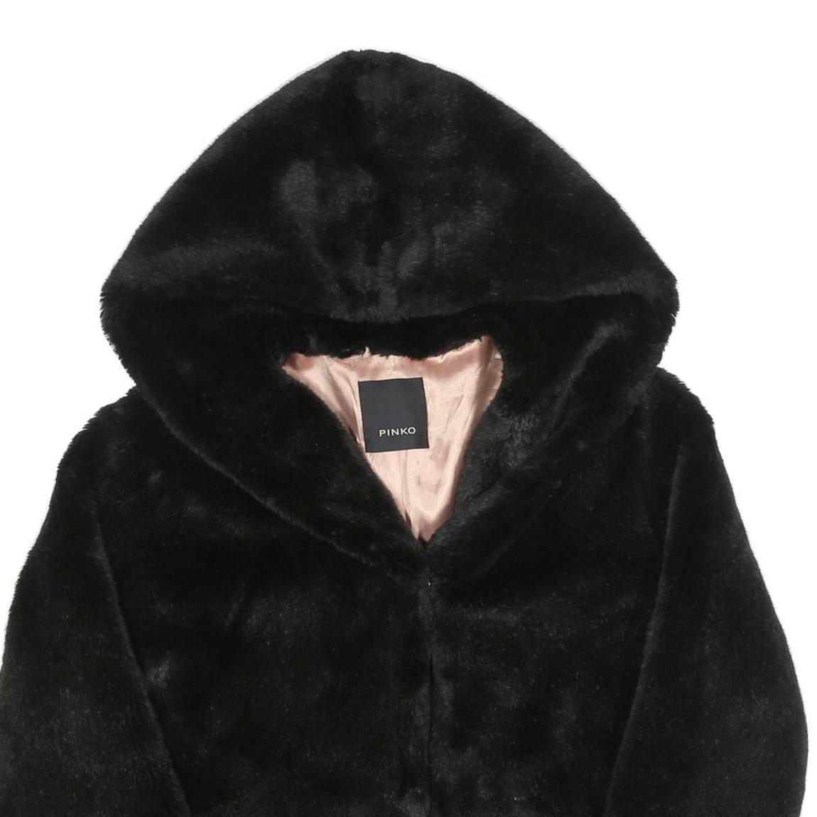 PINKO Womens Black Faux Fur Hoodie Jacket M Polyester Button Closure Soft Touch