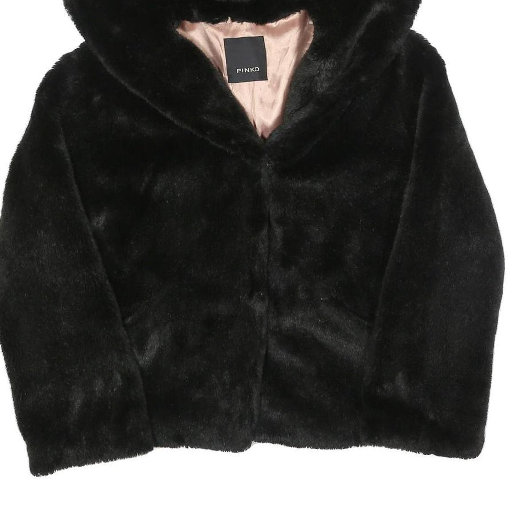 PINKO Womens Black Faux Fur Hoodie Jacket M Polyester Button Closure Soft Touch