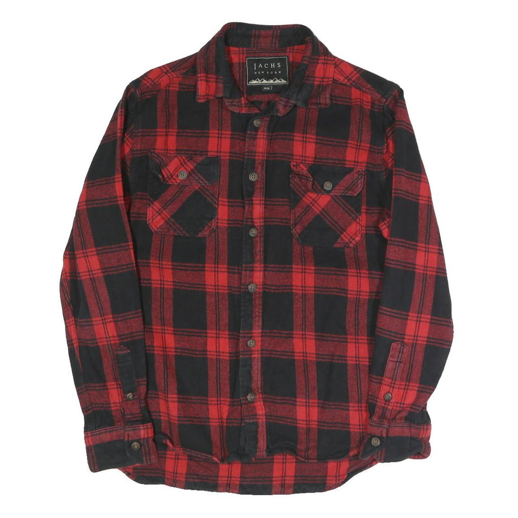 JACHS Mens Red & Black Check Shirt M Cotton Blend Casual Long Sleeve Button