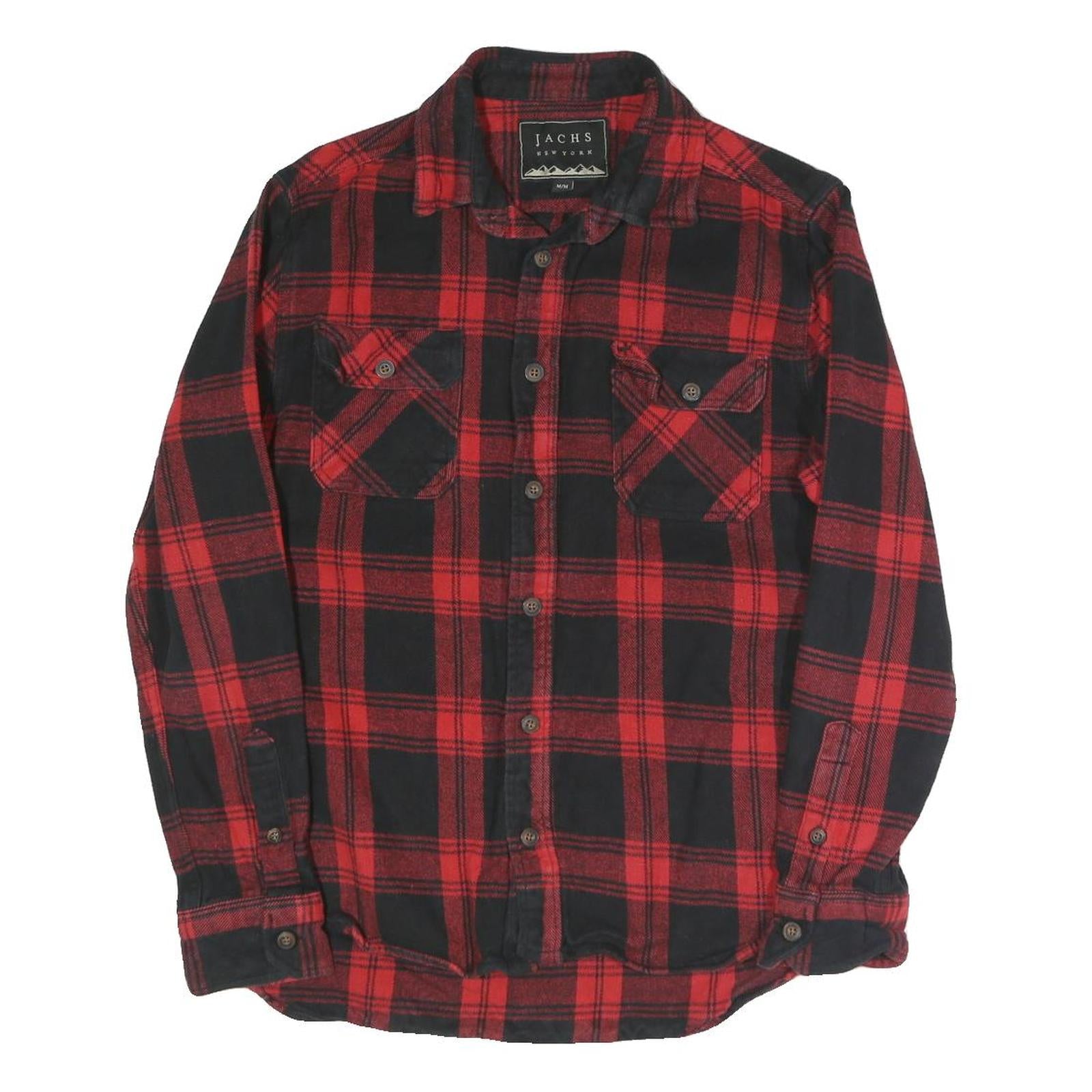 JACHS Mens Red & Black Check Shirt M Cotton Blend Casual Long Sleeve Button