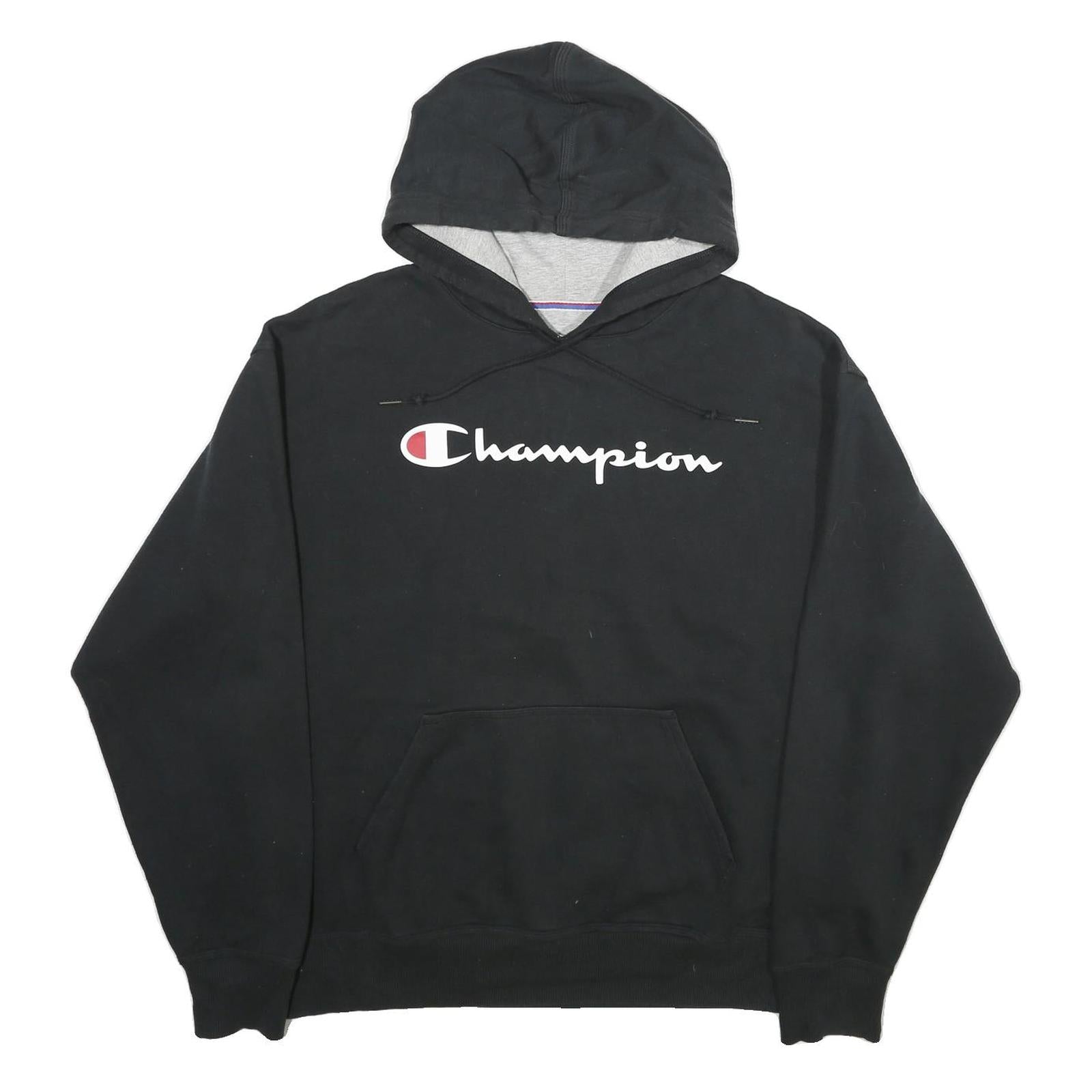 CHAMPION Mens Black Hoodie L Cotton Blend Pullover Drawstring Hood