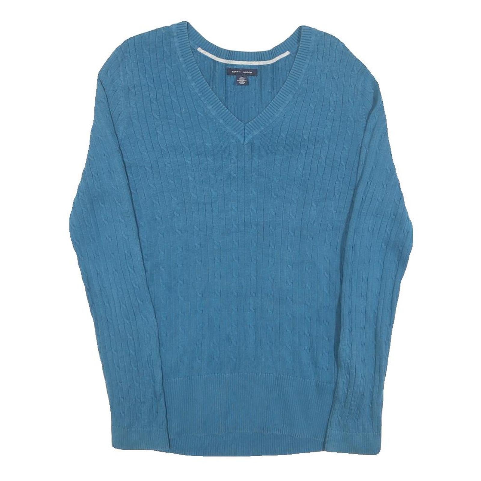 TOMMY HILFIGER Womens Blue Patterned Jumper V-Neck Cable Knit L Cotton Blend