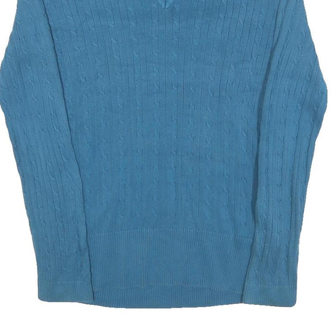 TOMMY HILFIGER Womens Blue Patterned Jumper V-Neck Cable Knit L Cotton Blend