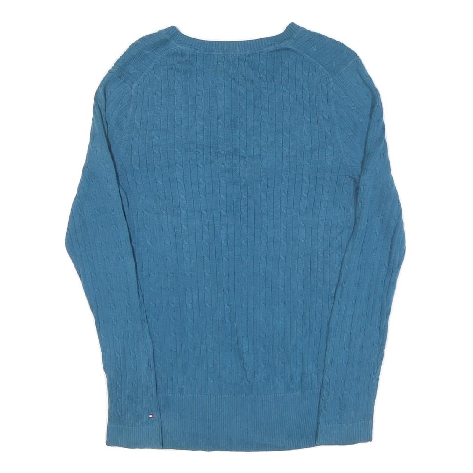TOMMY HILFIGER Womens Blue Patterned Jumper V-Neck Cable Knit L Cotton Blend