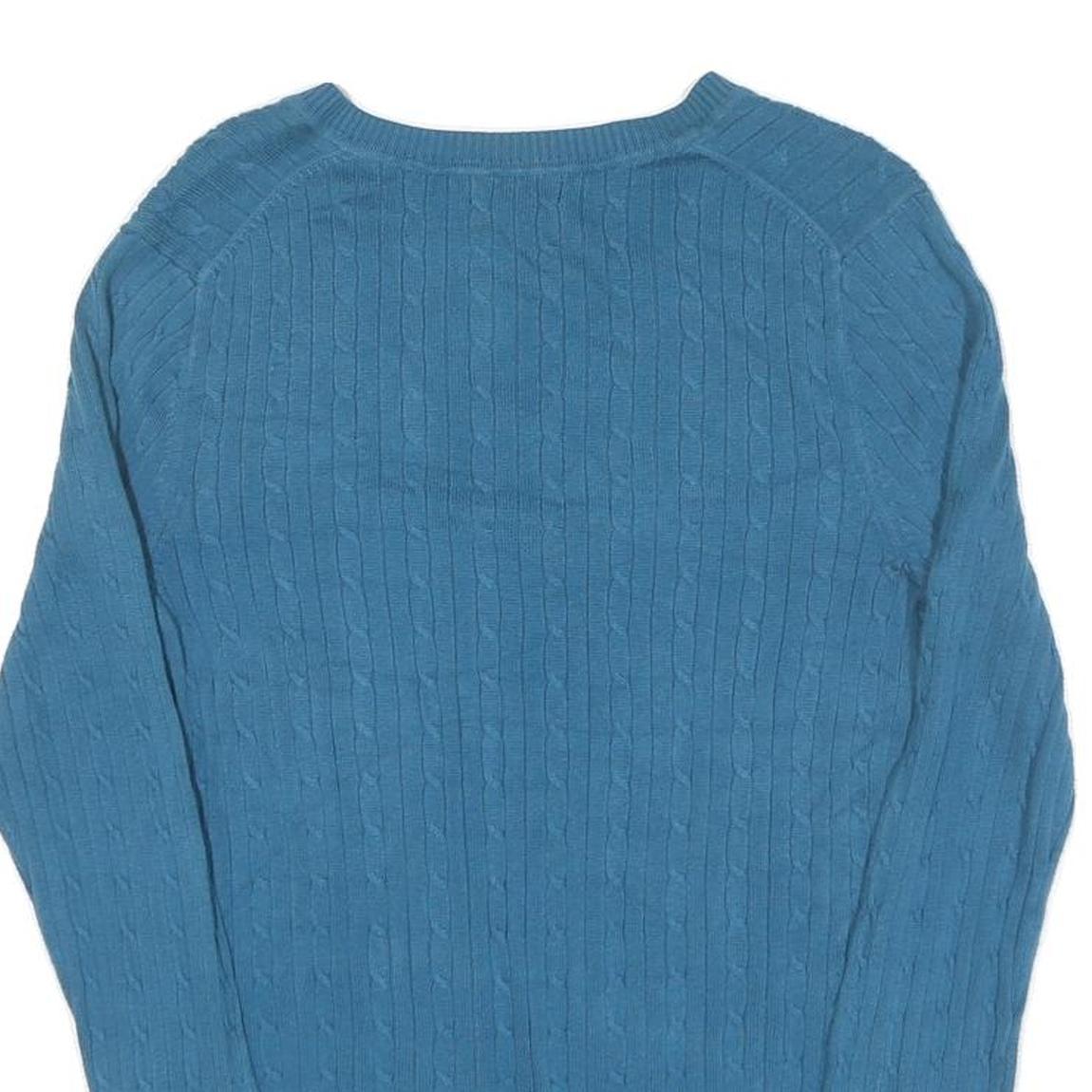 TOMMY HILFIGER Womens Blue Patterned Jumper V-Neck Cable Knit L Cotton Blend