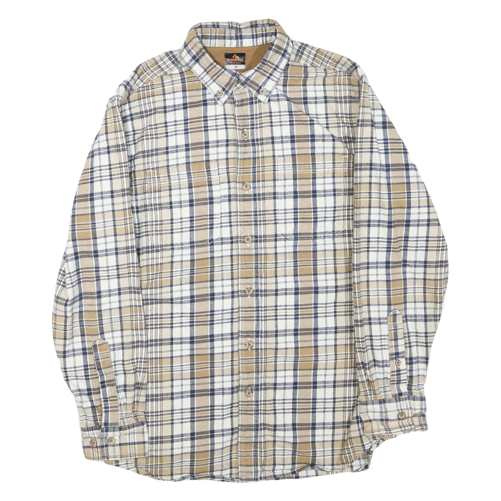 RIDGECUT Mens Beige & Blue Check Shirt M Long Sleeve Button Collar Casual Cotton