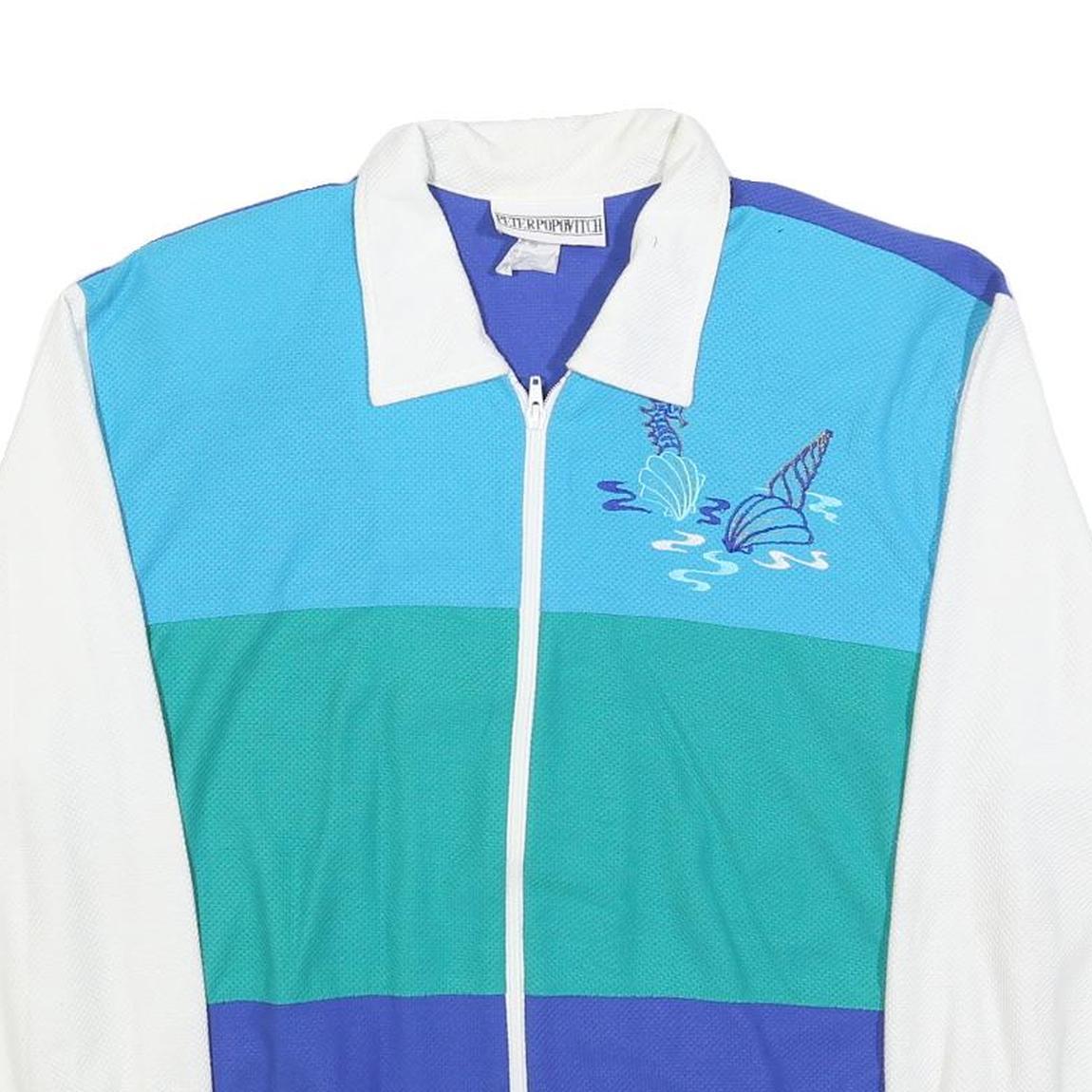PETER POPOVITCH Womens Blue & Teal & White Shell Graphic Zip Up Collar L
