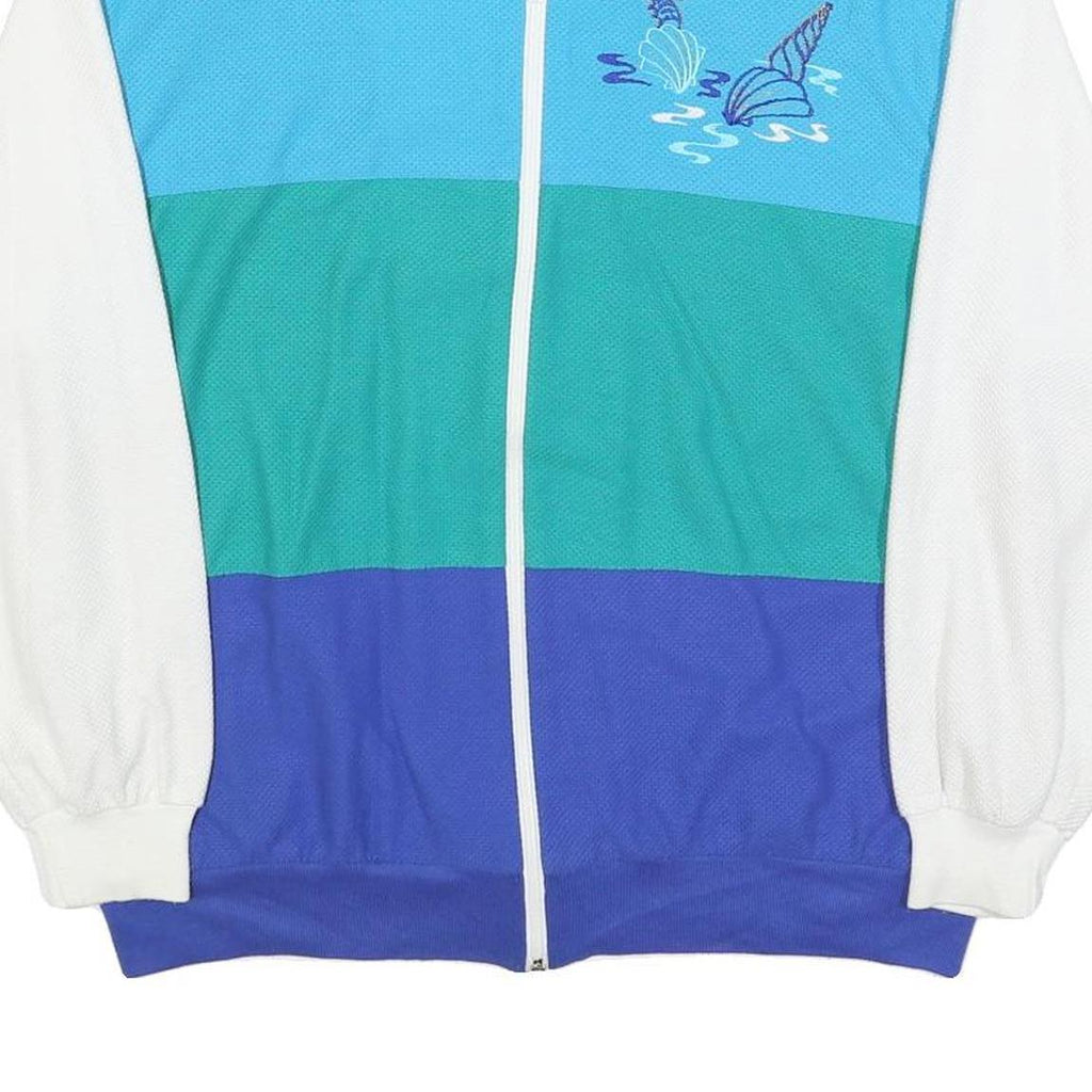 PETER POPOVITCH Womens Blue & Teal & White Shell Graphic Zip Up Collar L