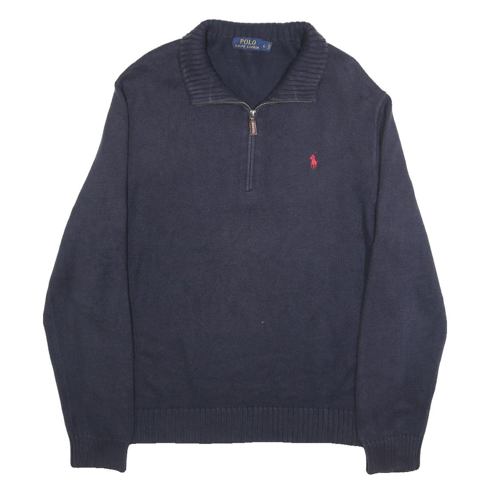 POLO RALPH LAUREN Mens Navy Blue Fashion Jumper Cotton Pullover L Zip Neck