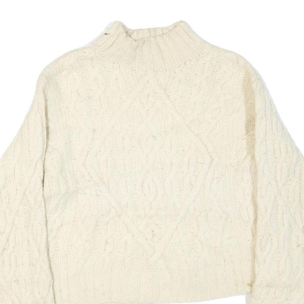 LIMITED AMERICA Womens Cream Plain Cable Knit Cargo Jumper Crew Neck Wool M