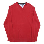 TOMMY HILFIGER Mens Red Plain Cotton Blend Jumper Crew Neck Basic Knit L Classic