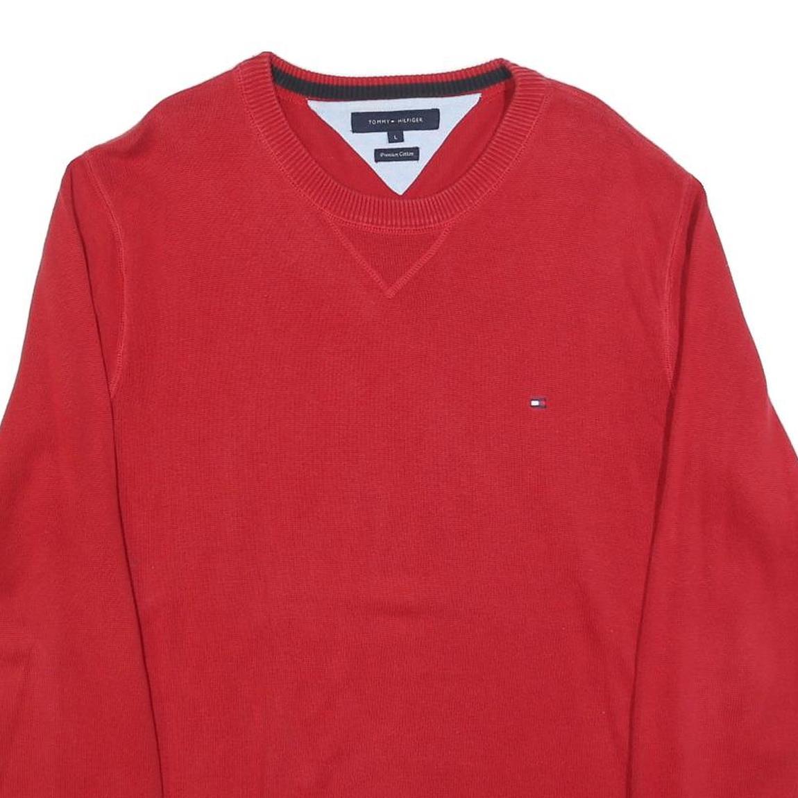 TOMMY HILFIGER Mens Red Plain Cotton Blend Jumper Crew Neck Basic Knit L Classic