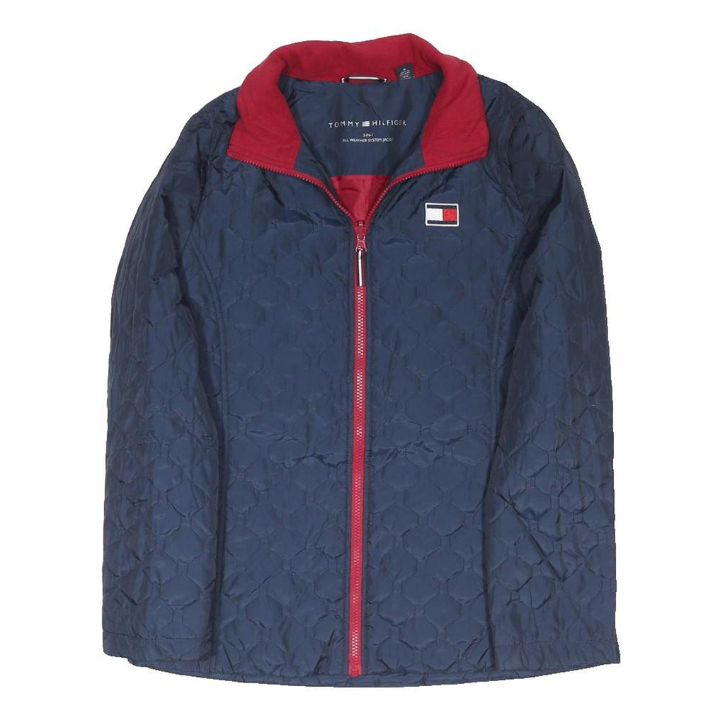 TOMMY HILFIGER Womens Navy Blue & Red Quilt Jacket S Polyester Blend Zip Casual