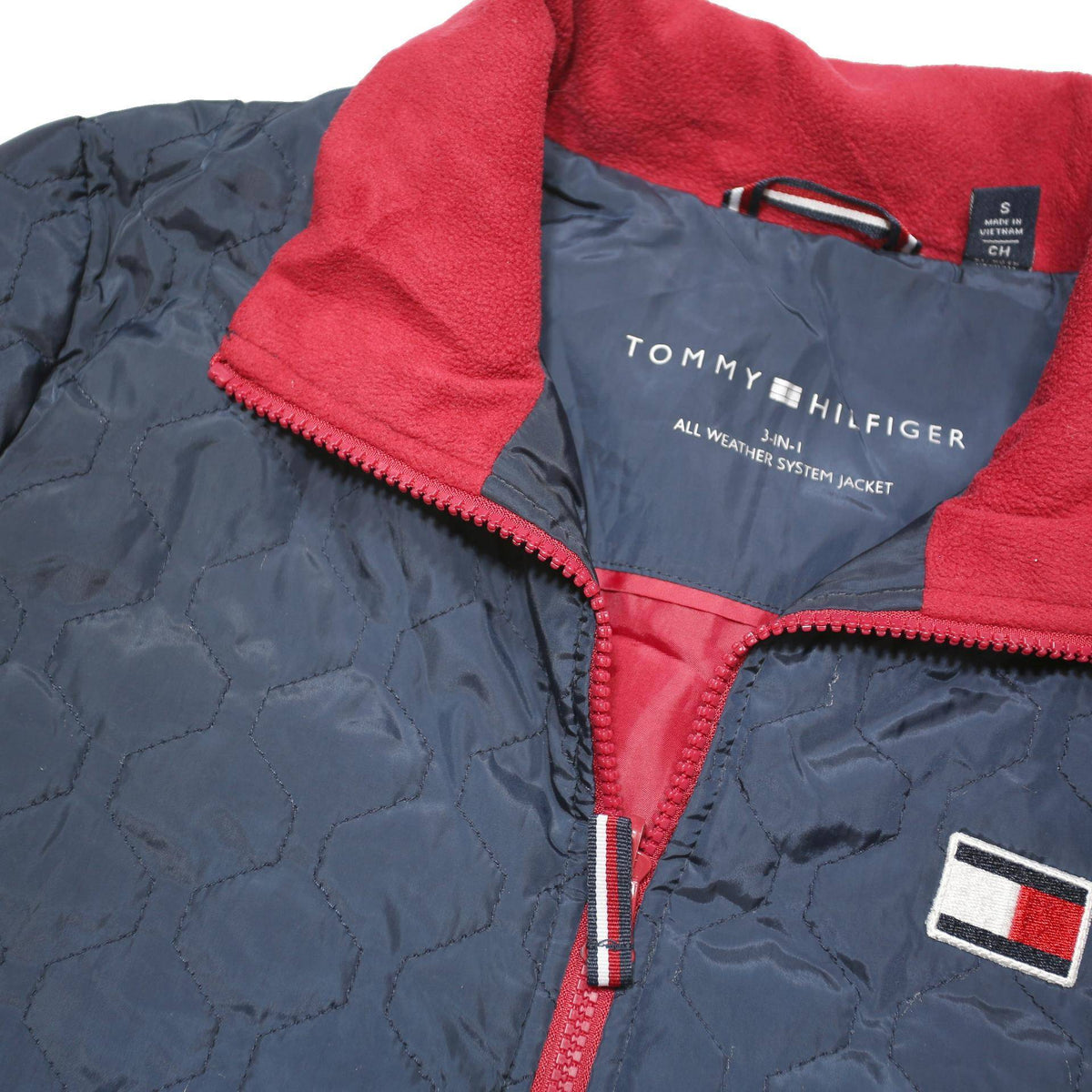 TOMMY HILFIGER Womens Navy Blue & Red Quilt Jacket S Polyester Blend Zip Casual