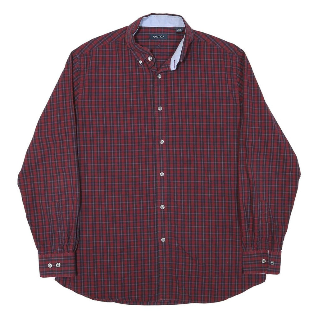 NAUTICA Mens Red & Navy Check Shirt L Button-Down Collar Long Sleeve Cotton