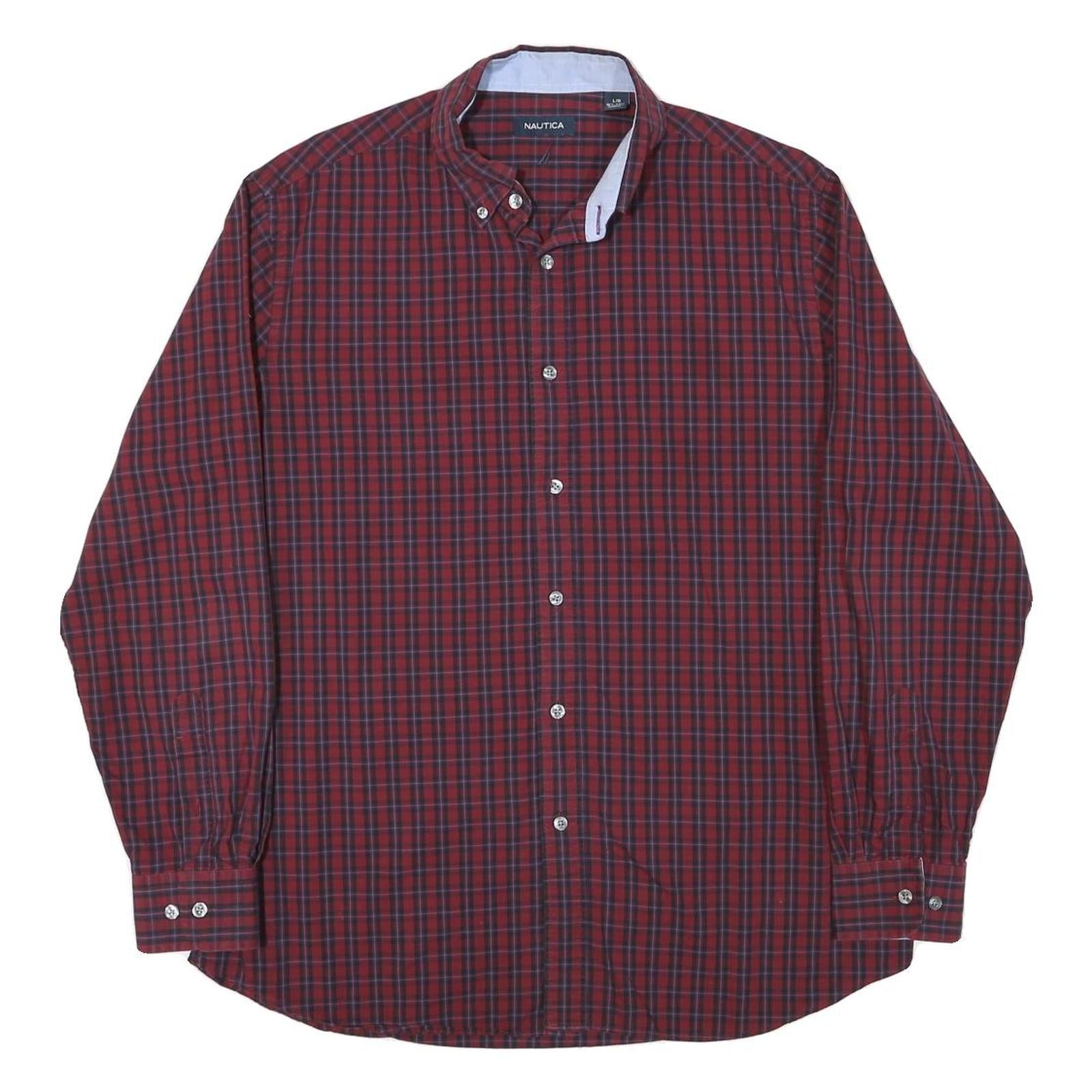 NAUTICA Mens Red & Navy Check Shirt L Button-Down Collar Long Sleeve Cotton