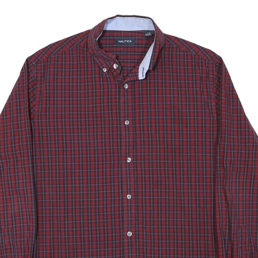 NAUTICA Mens Red & Navy Check Shirt L Button-Down Collar Long Sleeve Cotton
