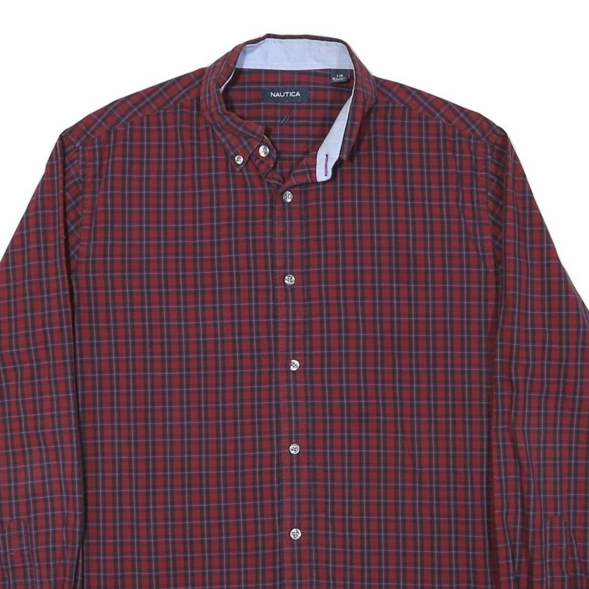 NAUTICA Mens Red & Navy Check Shirt L Button-Down Collar Long Sleeve Cotton