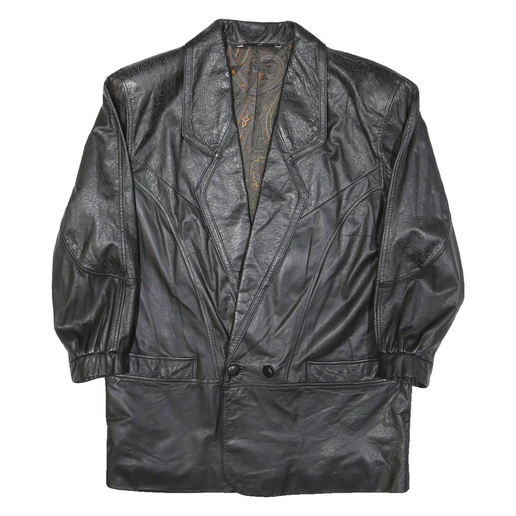 Mens Black Leather Button Jacket M Woven Classic Large Collar Long Sleeve