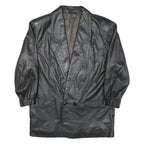 Mens Black Leather Button Jacket M Woven Classic Large Collar Long Sleeve