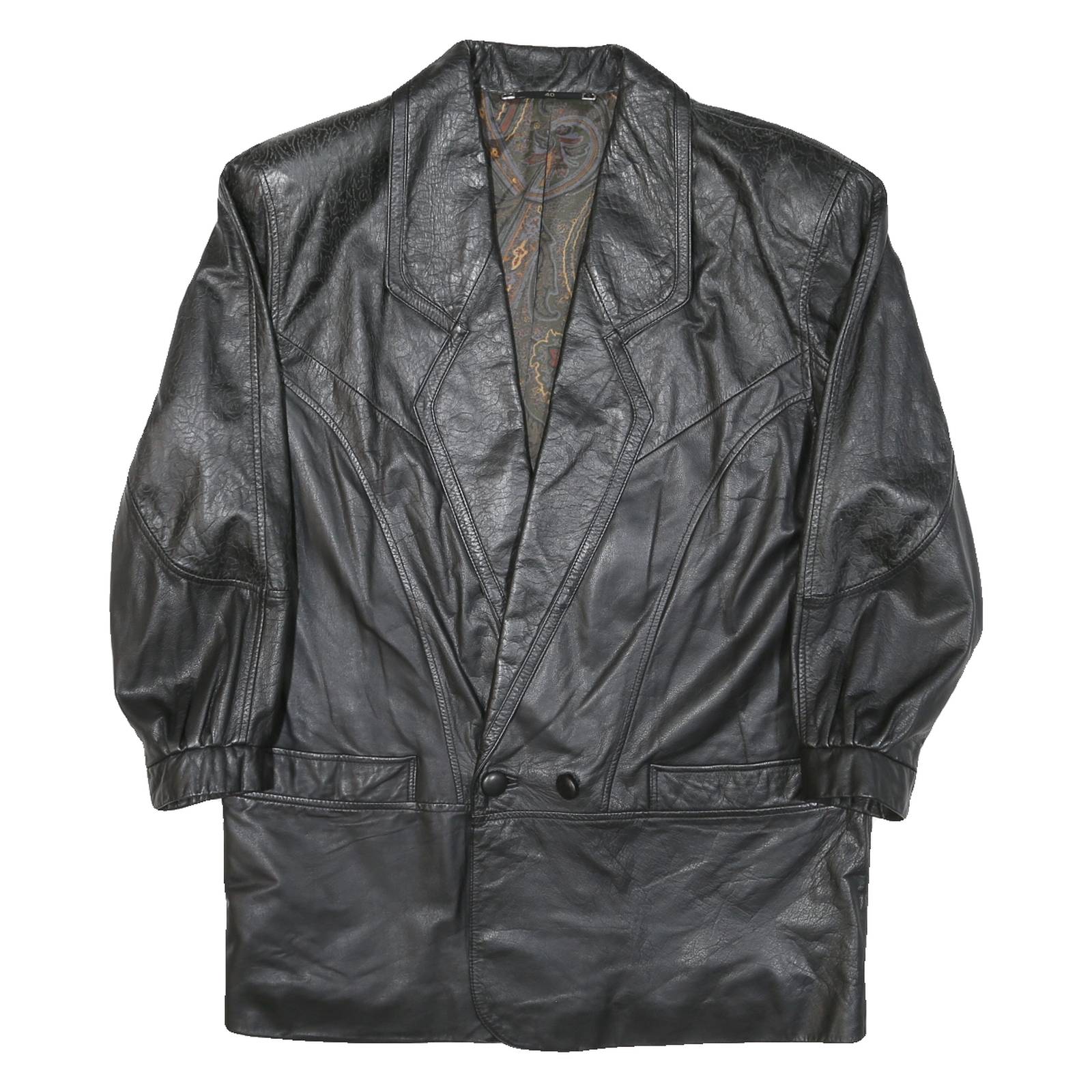 Mens Black Leather Button Jacket M Woven Classic Large Collar Long Sleeve