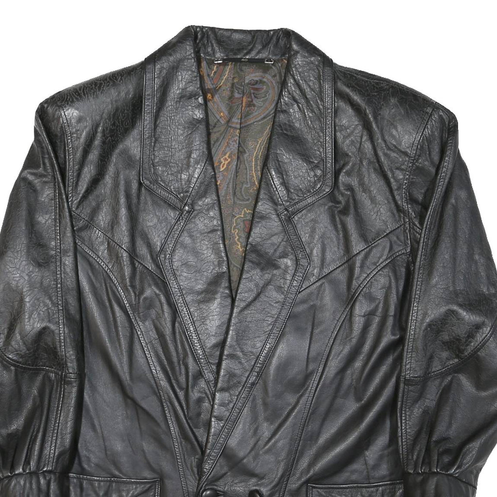 Mens Black Leather Button Jacket M Woven Classic Large Collar Long Sleeve