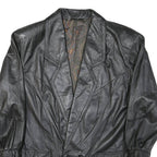 Mens Black Leather Button Jacket M Woven Classic Large Collar Long Sleeve