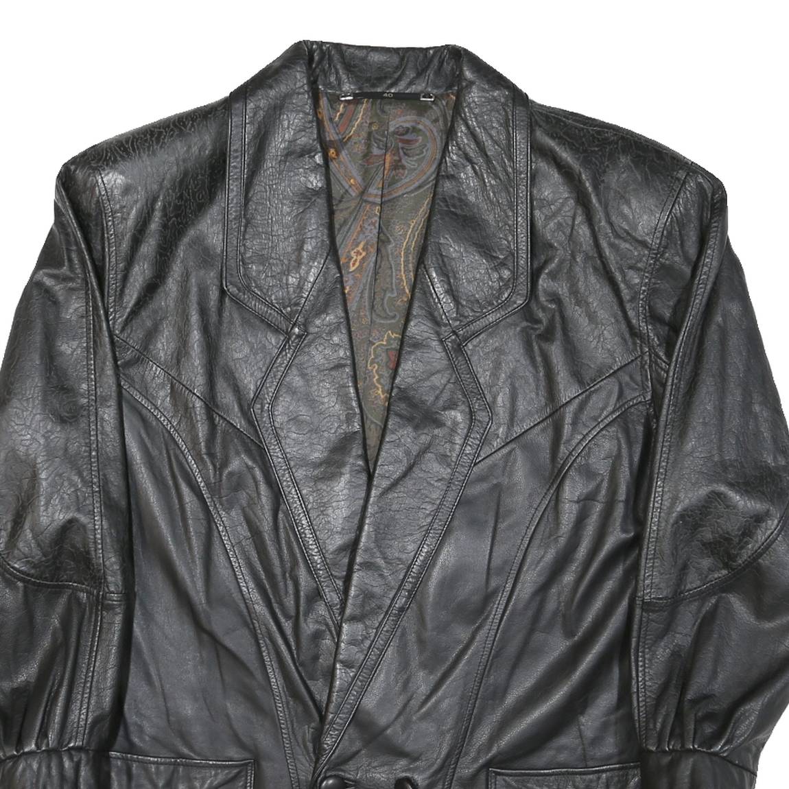 Mens Black Leather Button Jacket M Woven Classic Large Collar Long Sleeve