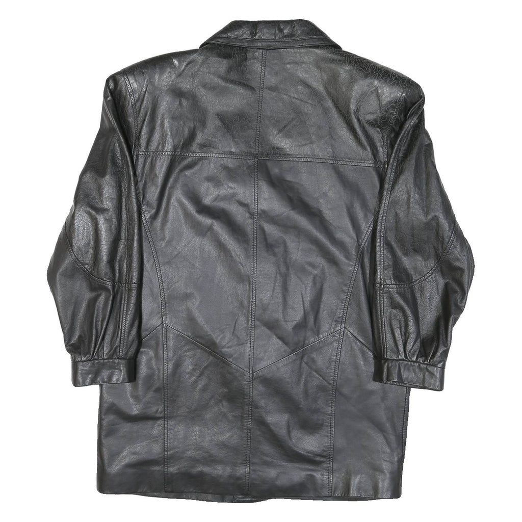 Mens Black Leather Button Jacket M Woven Classic Large Collar Long Sleeve
