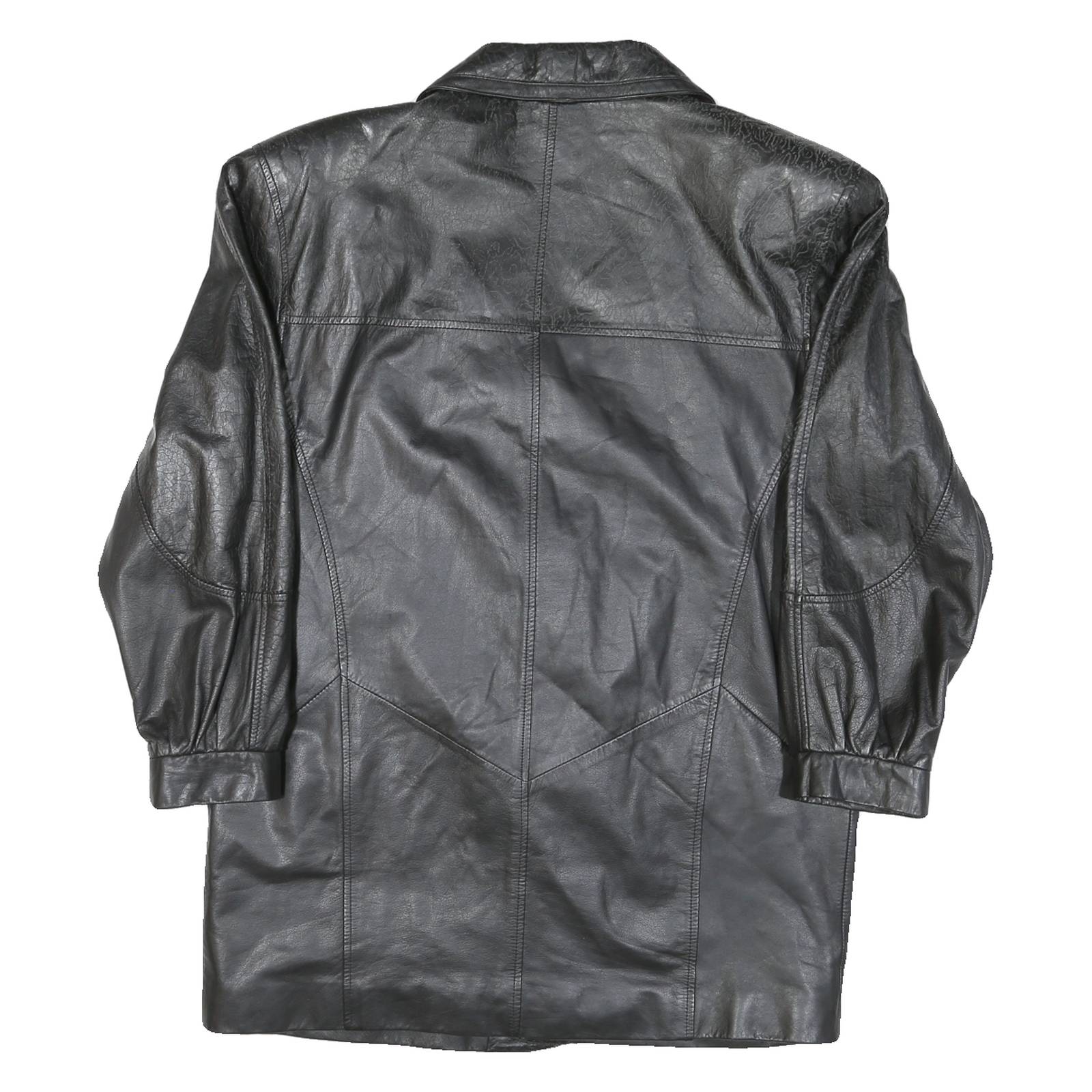 Mens Black Leather Button Jacket M Woven Classic Large Collar Long Sleeve